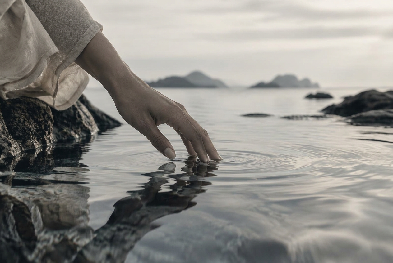 A hand touching still coastal water