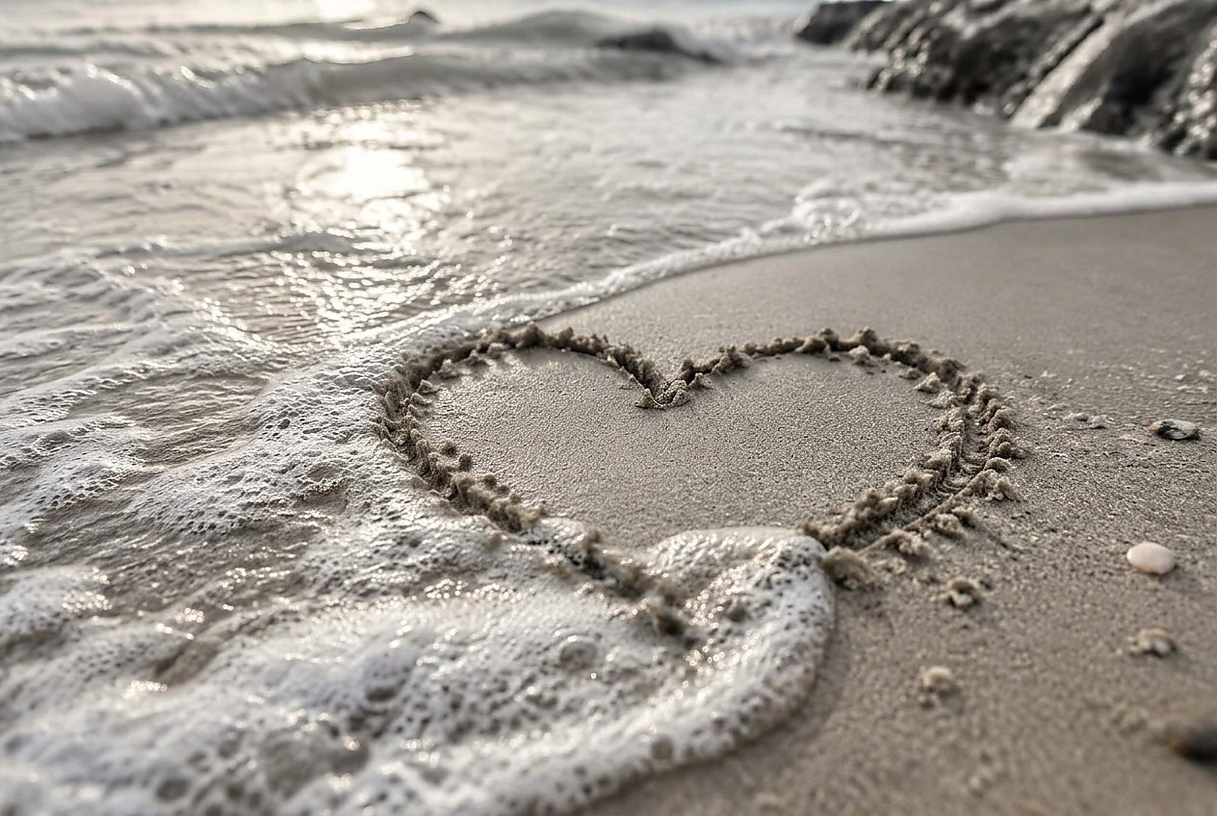 A heart traced in wet sand at the water's edge